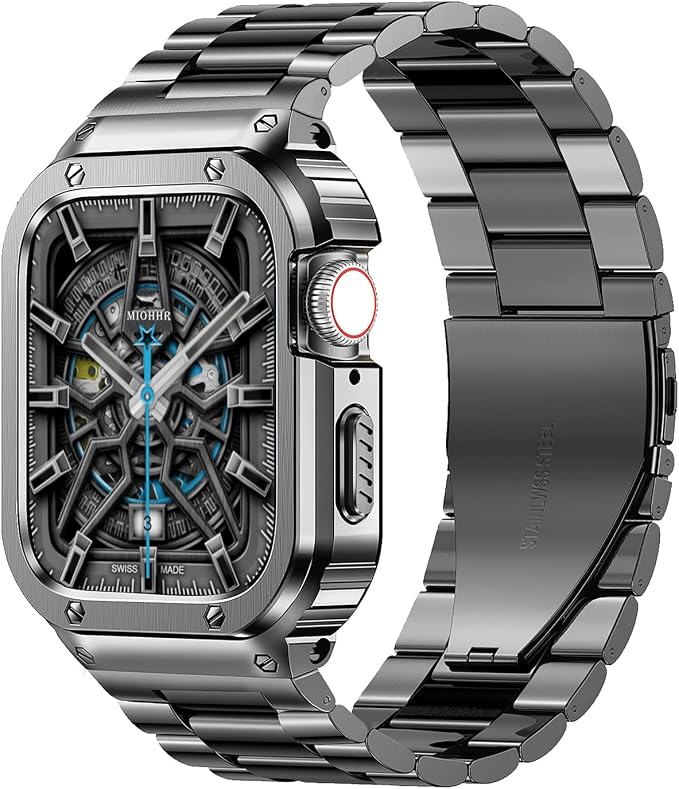 MioHHR Stainless Steel Band and Case Compatible with Apple Watch Band 41mm 40mm 38mm, Men Metal Protective Bumper Cover for iWatch Series 9/8/7/6/5/4/3/2/1/SE/SE2/SE3, Space Gray