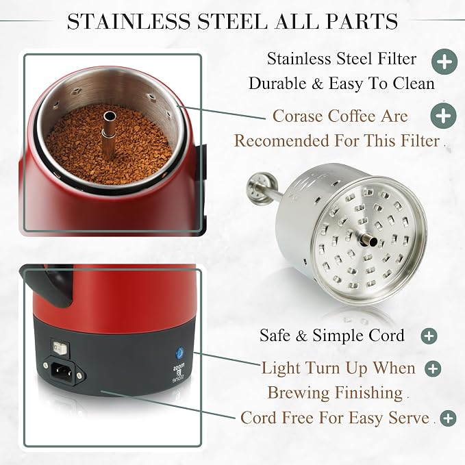 Moss & Stone Electric Coffee Percolator, Red Body with Stainless Steel Lid Coffee Maker, Percolator Electric Pot, Red Camping Coffee Pot 10 Cups Bundle With Set of 3 Double Wall Glass Cup Clear Mug, D