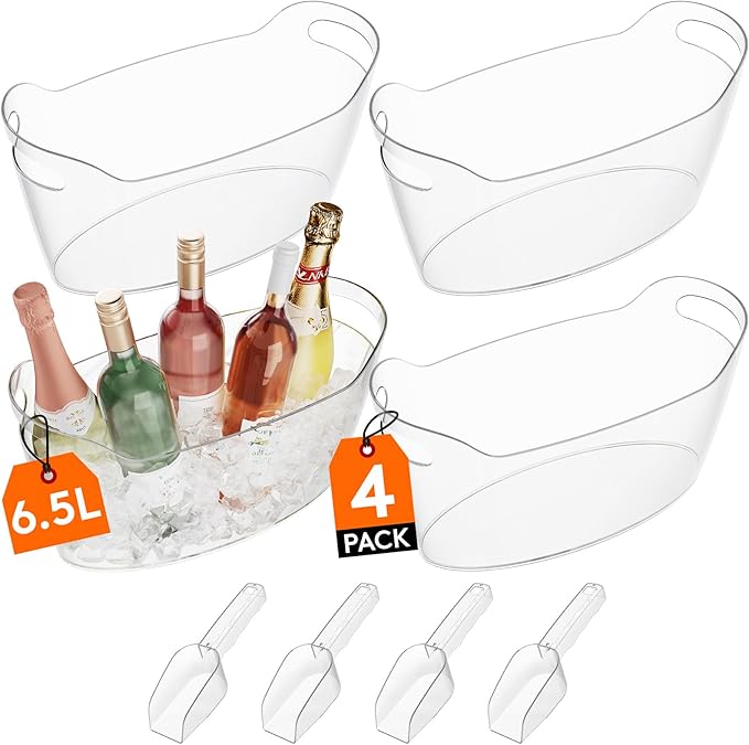 Lifewit 6.5L Ice Bucket for Parties 4 Pcs, Large Beverage Tub with Scoop, Drink Cooler for Dirty Soda Bar, Portable Champagne/Wine/Beer/Juice Table Chiller for Outdoor Bar & Mimosa Bar Supplies