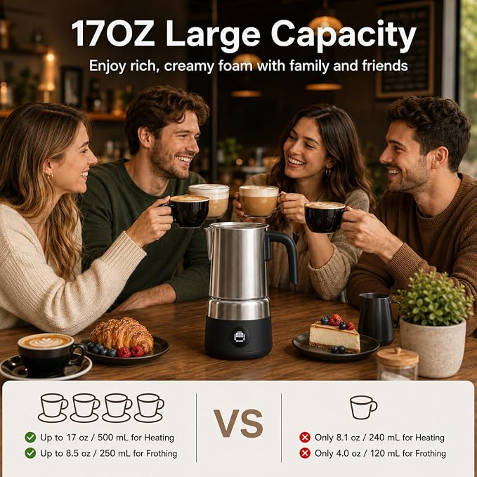AMZCHEF 8-in-1 Electric Milk Frother and Steamer 600W, 17oz Large Split Stainless Steel Pitcher, Automatic Hot and Cold Foam Maker with LED Display, Milk Warmer for Lattes, Cappuccinos, Macchiato