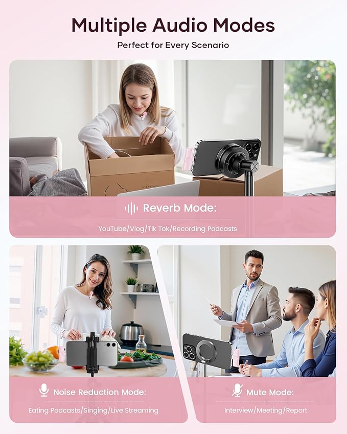 Wireless Microphone for iPhone iPad and Android Phone, 2 Pack Wireless Lavalier Lapel Mic with Noise Reduction, Plug and Play Mini Microphone for Video Recording Interview YouTube TikTok Vlog (Pink)