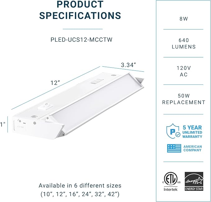 PARMIDA LED Swivel Under Cabinet Lighting, Hardwired or Plug-in Installation, 12 Inch, 8W, 5CCT Color Selectable - 2700K/3000K/4000K/5000K/6000K, Rotatable Lens, Dimmable, Linkable, 120V, 640LM, ETL