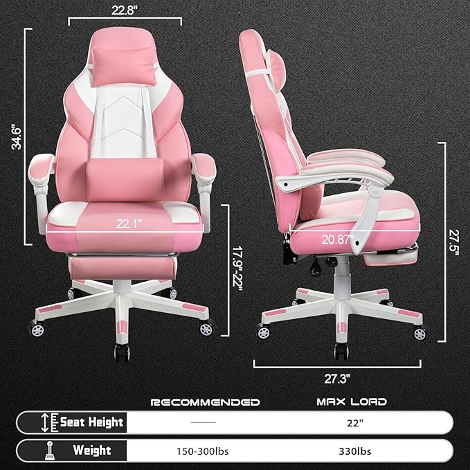 Meilocar Big and Tall Gaming Chair for Adults, 330lbs Heavy Duty Computer Chair with Footrest & Massage Lumbar Support, Wide Seat High Back Reclining Desk Chair, Pink