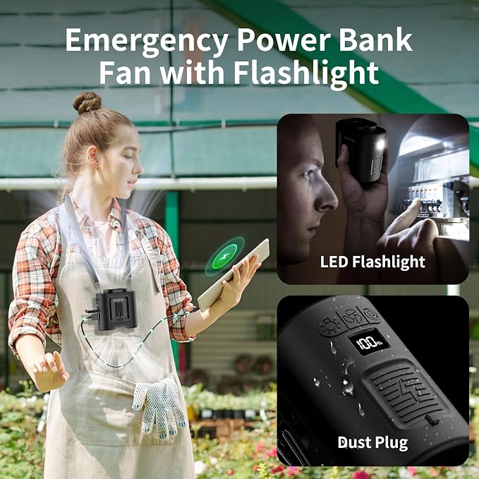 Socool 14500mAh Portable Waist Fan with 360 Rotation, Rechargeable Mini Personal Clip On Belt Shirt Fan 67Hrs Cooling Wearable Hanging Neck Fans with 5 Speeds & LED Light For Outdoor Working Jobsite