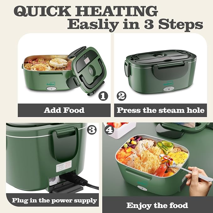 Buddew Electric Heated Lunch Box, 80W Fast Heating, 1.5L Food-Grade 304 Stainless Steel, 12V/24V/110V Portable Food Warmer for Car Truck Office Adults, Lonchera Electrica Portatil (Dark Green)