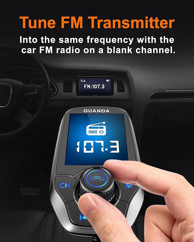 Upgraded Bluetooth 5.3 FM Transmitter for Car, Wireless Radio Adapter Kit W 1.8" Color Display Hands-Free Call AUX in/Out SD/TF Card USB Fast Charging 18W for All Smartphones Audio Players - Pewter