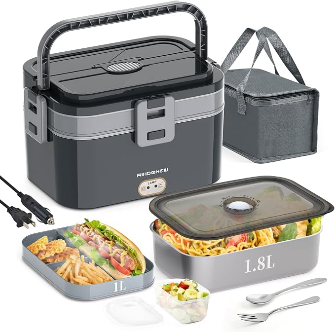 80W Faster Larger Electric Lunch Box Heater 2.8L with 2 Layers for Car Truck Work Home, 12V 24V 110V Portable Stainless Steel Food Warmer, Leak-proof Lunch Heater with Bag, Spoon, Fork for Adults