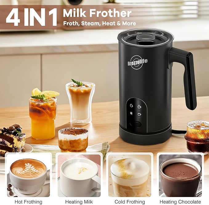 4-in-1 Electric Milk Frother, 350ml/11.8oz Automatic Milk Steamer Machine for Coffee, Hot & Cold Milk Froth Maker for Latte, Cappuccino, Quiet One-Touch Operation, Easy to Clean (Black)