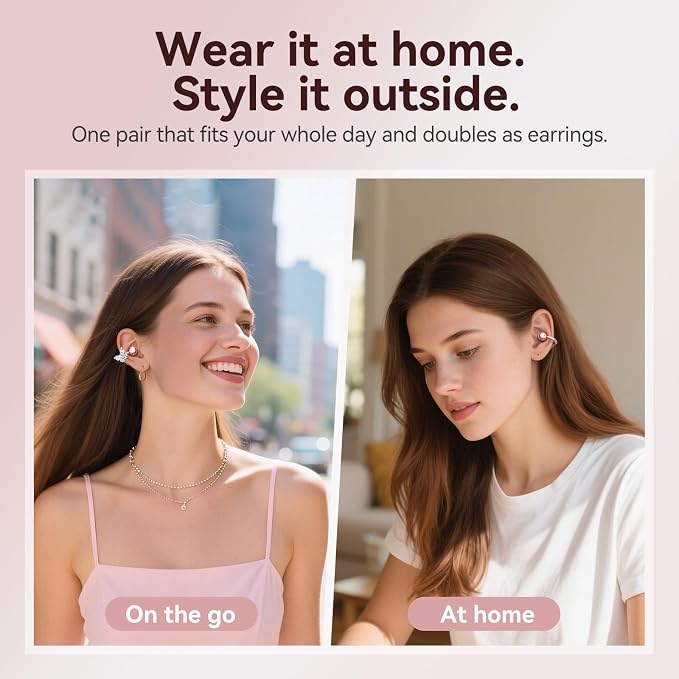Kinglucky Gen2 Clip-On Open Ear Earbuds with Sparkle Butterfly Earrings, Earrings-On Storage Case, Bluetooth 5.4 Wireless Headphones for Women, 40H Playtime, Comfortable Fit for Small Ears, Rose Gold