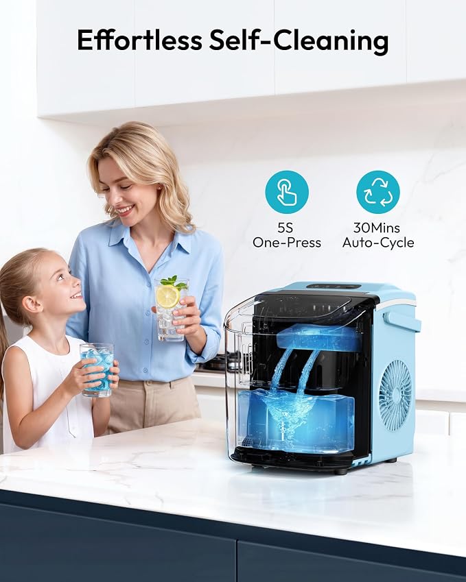 EUHOMY Countertop Ice Maker Machine with Handle, 26lbs Per Day, 9 Ice Cubes Ready in 6 Mins, Auto-Cleaning Portable Ice Maker with Basket and Scoop, for Home/Kitchen/Camping/RV (Blue)