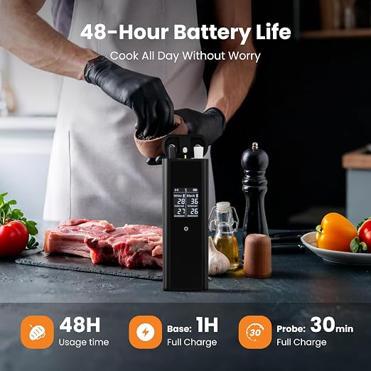 Wireless Meat Thermometer with 2 Color-Coded Probes, ±1.8° F Accuracy, IP67 Waterproof, App Control & Real-Time Monitoring, Two-Way Alerts for Kitchen, BBQ, Grill, Oven, Smoker
