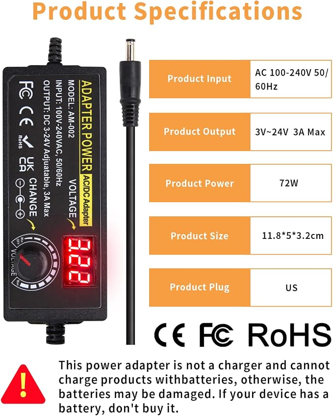 3V ~ 24V 3A 72W Power Supply Adjustable 3V 5V 6V 9V 12V 15V 16V 18V 19V 20V 24V Universal VariableAC/DC Adapter 100V-240V AC to DC Converter with 14 Tips for LED Strip Light Speaker Router