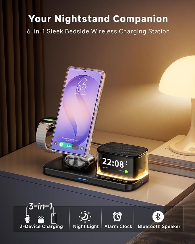 6-in-1 Magnetic Charging Station for Samsung,Qi2.2 25W Fast Wireless Charger for S26 Ultra,Alarm Clock/Night Light/Bluetooth Speaker,Charger Stand for Magsafe for S26 Plus/S25/Z Fold7&Galaxy Watch 8/7