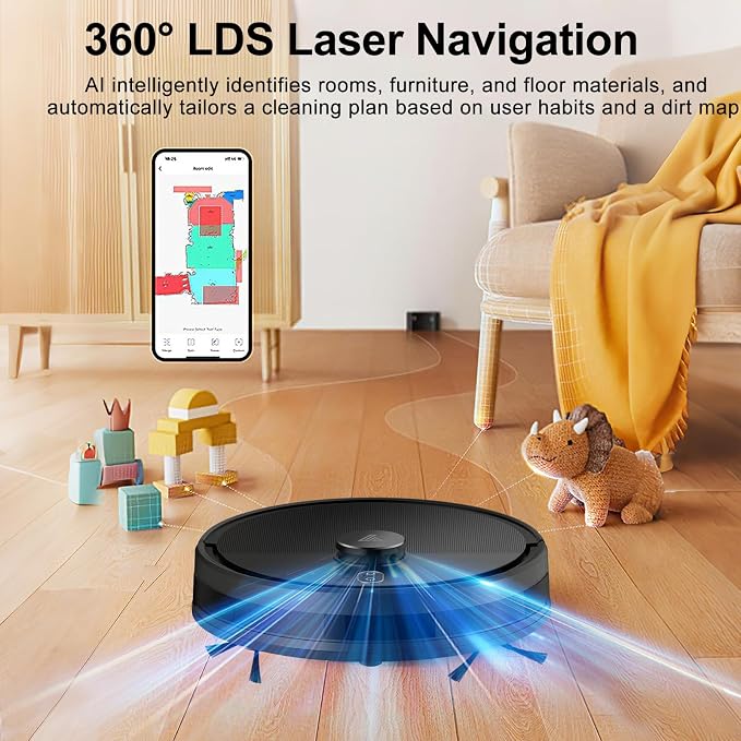 Robot Vacuum and Mop Combo, Robotic Vacuums with LiDAR Navigation, Smart Mapping, Strong Suction, with WiFi/App/Alexa/Voice Control, Obstacle Avoidance, for Home, Wood/Hard Floors, Pet Hair Black