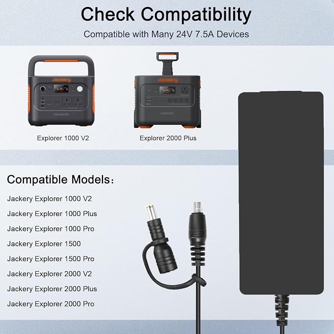 24V 7.5A Power Supply Charger Compatible with Jackery Explorer 1000 880 e1000 e880 1000d 880d 1000 v2 /1000 Plus/2000 v2, 1500 2000 3000 pro Plus, 600 700 Plus KA18024075-6C FSP180-AAAN3
