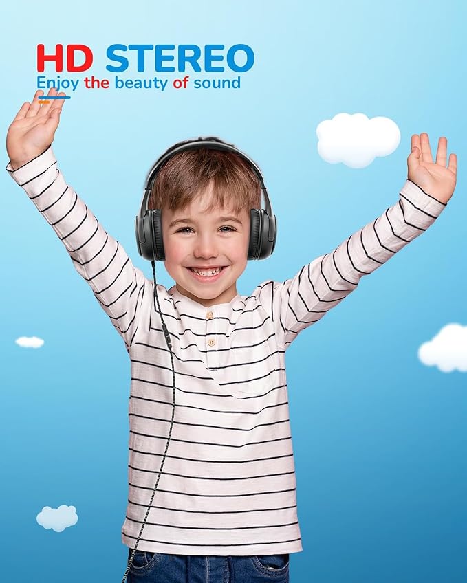awatrue Kids Headphones for School Travel, 85/94dB Safe Volume Limit, 3.5mm Jack, HD Mic, Portable Wired Headphone with Shareport, Stereo Sound On-Ear Headphones for Toddler Kids Girls Boys Black