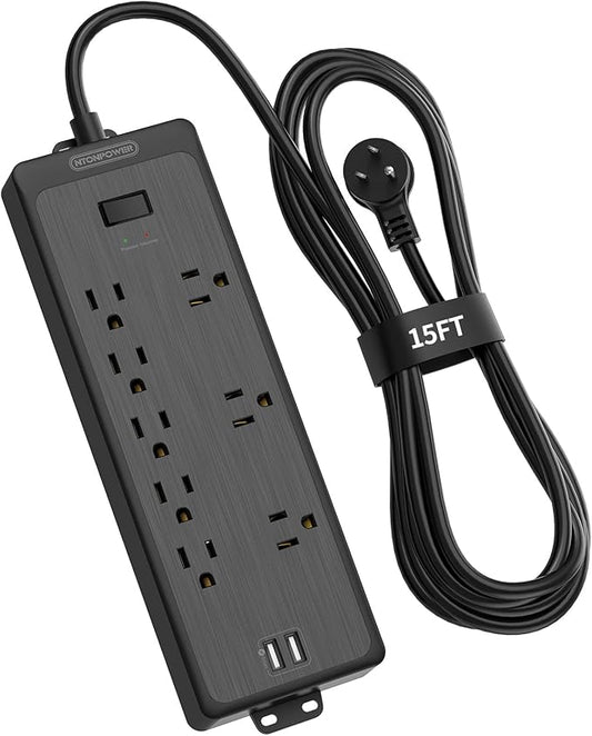 15 FT Long Extension Cord, NTONPOWER Power Strip Surge Protector with 8 Outlet(3 Widely Spaced) and 2 USB Ports, 1875W/15A, Wall Mount, Desktop Charging Station for Home, Office and Dorm Essential