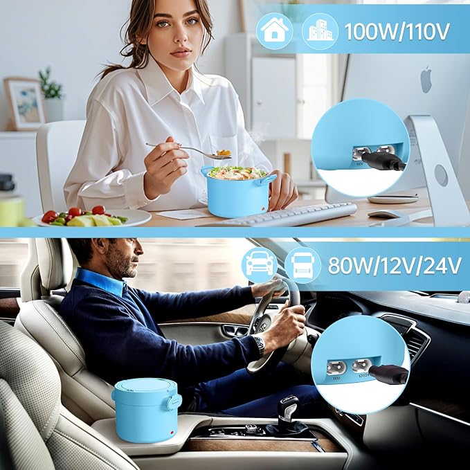 Electric Lunch Box Food Warmer, 34-Ounce Leakproof Portable Heated Lunch Container for Car, Truck, Office,Camping, 100W 12V/24V/110V/220V Bento Box Heater Gift For Women Men (Light Blue)
