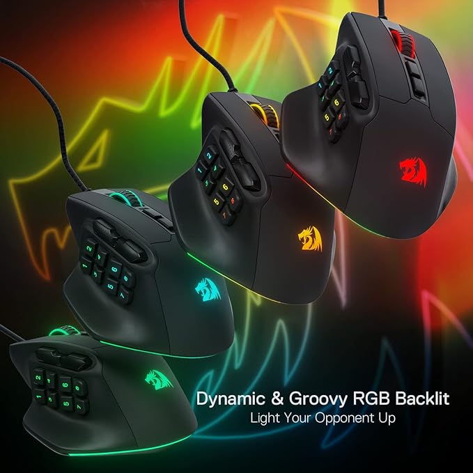 Redragon M811 Aatrox MMO Gaming Mouse, 15 Programmable Buttons Wired RGB Mouse w/Ergonomic Natural Grip Build, 10 Side Macro Keys, Software Supports DIY Keybinds & Backlit