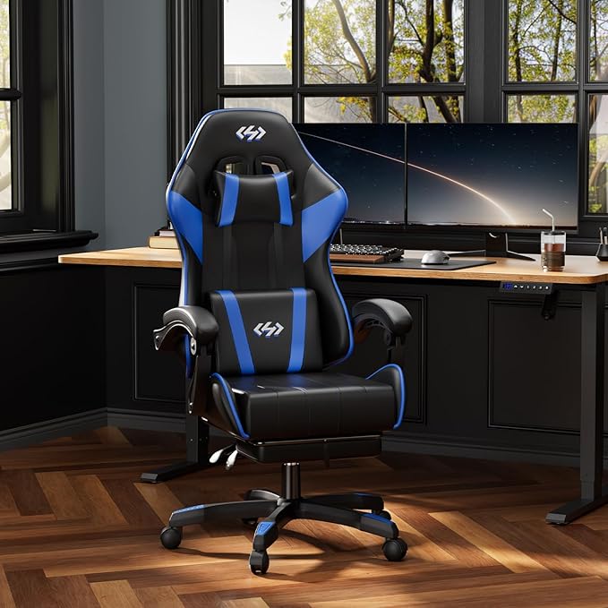 HLDIRECT Gaming Chair, Ergonomic Computer Office Chair with Lumbar Support, Footrest, Headrest, PU Leather, 360° Swivel, Adjustable Height, Metal Frame, 200 lbs Capacity (Black&Blue)