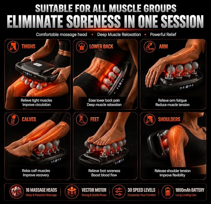 16 Head Massage Gun Deep Tissue - Multi Head Massagers for Back Pain Relief, Neck Shoulder, Leg and Foot Muscle Relaxation - 3 Modes & 30 Intensities, Portable Quiet Percussion Massager
