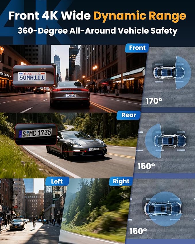 4K+1080P*3 FHD Car Camera, 4 Channel 360° Dash Cam Front Rear Inside & Left Right, 5GHz WiFi & App Control, 24H Parking Mode, G-Sensor, 8 IR Lamps Night Vision, Loop Recording, Includes 64GB SD Card