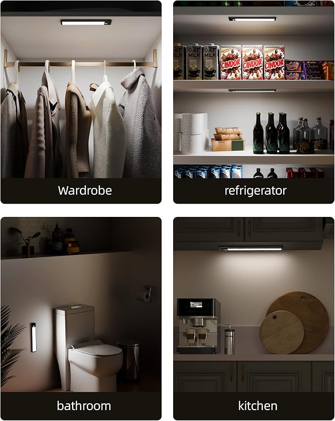 EZVALO 6-Pack Under Cabinet Lighting, 1600mAh Motion Sensor Light, Black LED Closet Lights Wireless, 6500K Dimmable, Timer, Magnetic, with Remote Control for Kitchen, Closet, Stair
