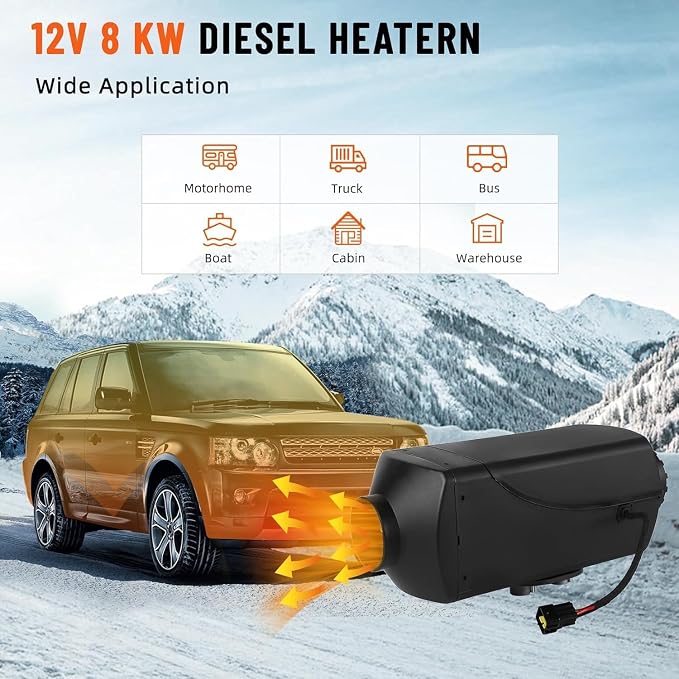 12V 8KW Diesel Air Heater,With Muffler No-Punching 9L, Portable Diesel Heater With Knob Switch Tank，Remote Control and Lcd Display Diesel Heater for Car Rv Trailer Van Boat