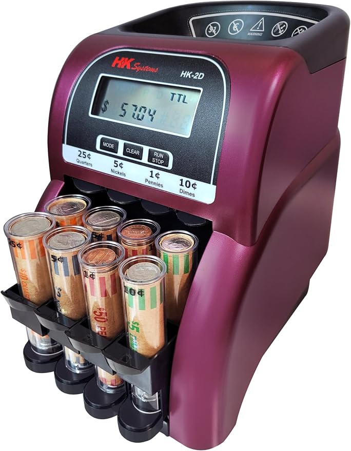 HK SYSTEMS HK-2D, Digital USD Coin Counter and Sorter with LCD Display, Sorts 260 Coins Per Minute into Coin Wrappers, 2 Row Coin Wrapper Tubes Included