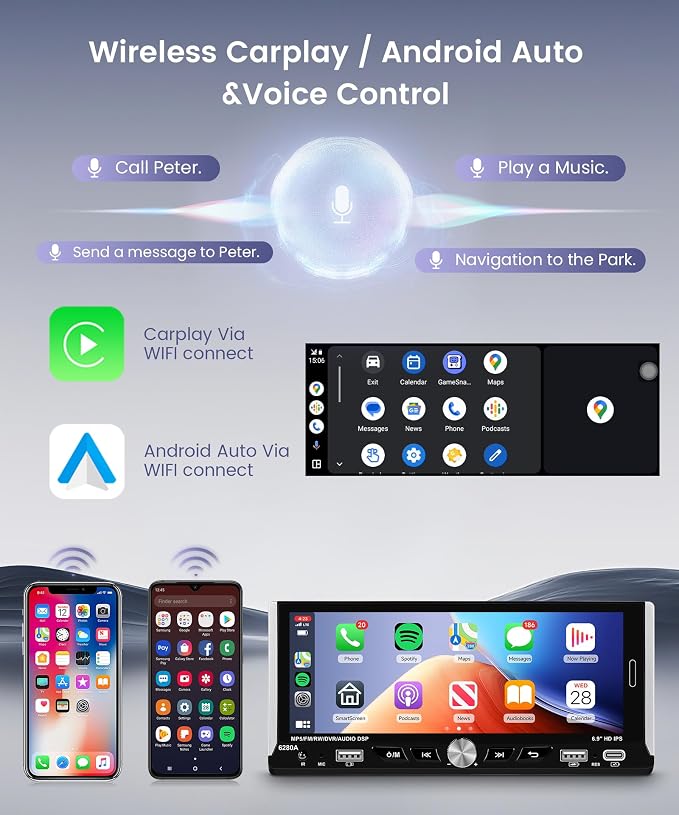 2G+64G Android Single Din Car Radio Stereo, Wireless CarPlay Android Auto, 5G WiFi GPS, 6.9 inch IPS HD Touchscreen Radio, Bluetooth DSP, AHD Backup Camera, FM/RDS SWC, USB Type-C Charging
