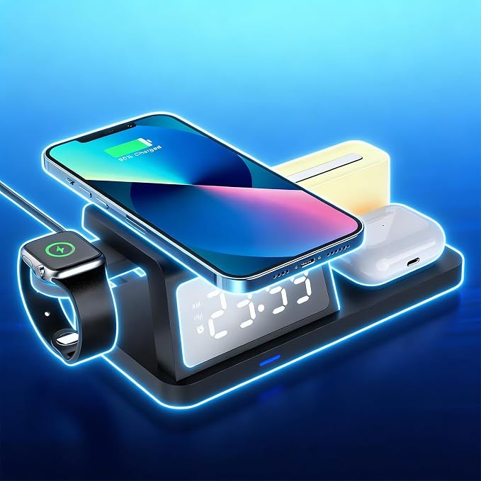 3-in-1 Wireless Charging Station with Digital Clock & Night Light, 15W Fast Qi-Certified Charger for Phones, Smartwatches & Earbuds | Charges 3 Devices Simultaneously, HT309 Black.