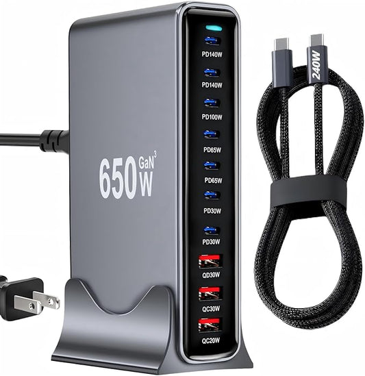 650W USB C Fast Charger Block,Dual PD 3.1 140W USB Charging Station, GaN Ⅲ Multi-Port PD PPS Fast Charging Station for Multiple Devices,Laptop Wall Charger Compatible with MacBook iPad iPhone 17 etc