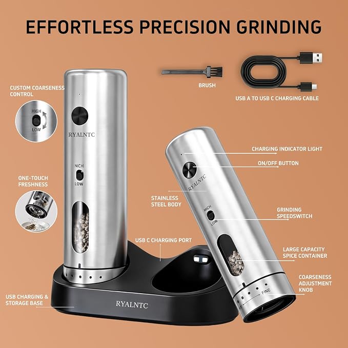 Electric Salt and Pepper Grinder Set with Rechargeable Base Upgraded Stainless Steel Automatic Salt and Pepper Shakers,Upgraded 2-Speed Setting,External 6 Adjustable Coarseness with LED Light