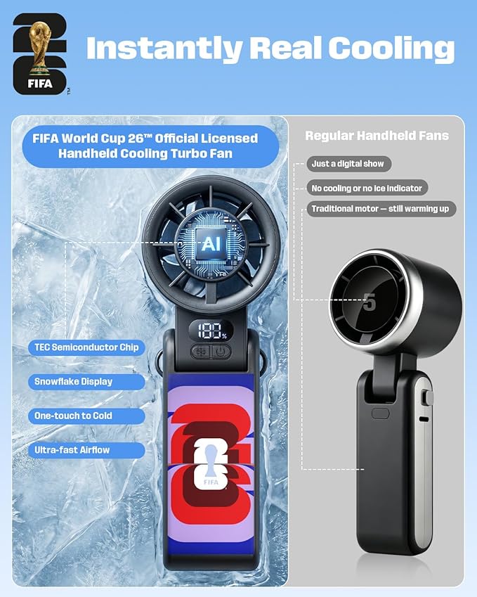 FIFA World Cup 2026 Portable Handheld Fan with Cooler, 1-199 Strong Wind Turbo Fan Rechargeable, 150° Adjustable, 13500RPM 3600mAh, Gift for Football Fanatic, Outdoor (Color) |Official Licensed