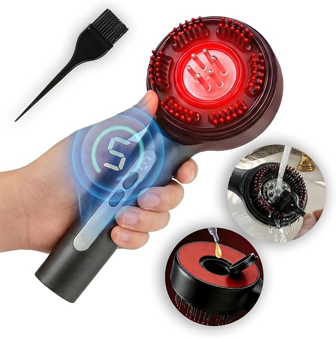 Electric Scalp Massager with Oil Applicator, 3-in-1 Head Massager Brush for Hair Care, Red Light Therapy, IPX7 Waterproof, Scalp Care Device for Home & Travel, Black