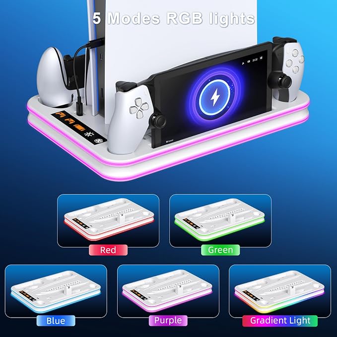 FYOUNG All in One Cooling Stand & Charger Station for PS5/Slim/Pro Console and Controller Charing Dock, Charging Stand for PlayStation Portal, Headset and Remote Holder with RGB Light Stand (White)