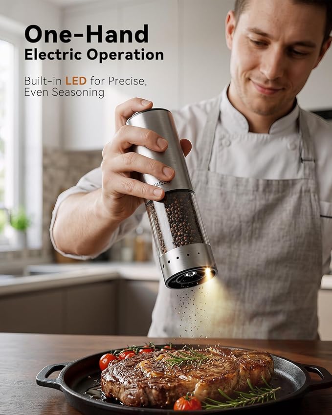 TOMEEM Rechargeable Electric Salt and Pepper Grinder Set, 115ml Large Capacity Stainless Steel Automatic Pepper Mill with Storage Base, LED Display and Light (Silver, Clear Storage Base)