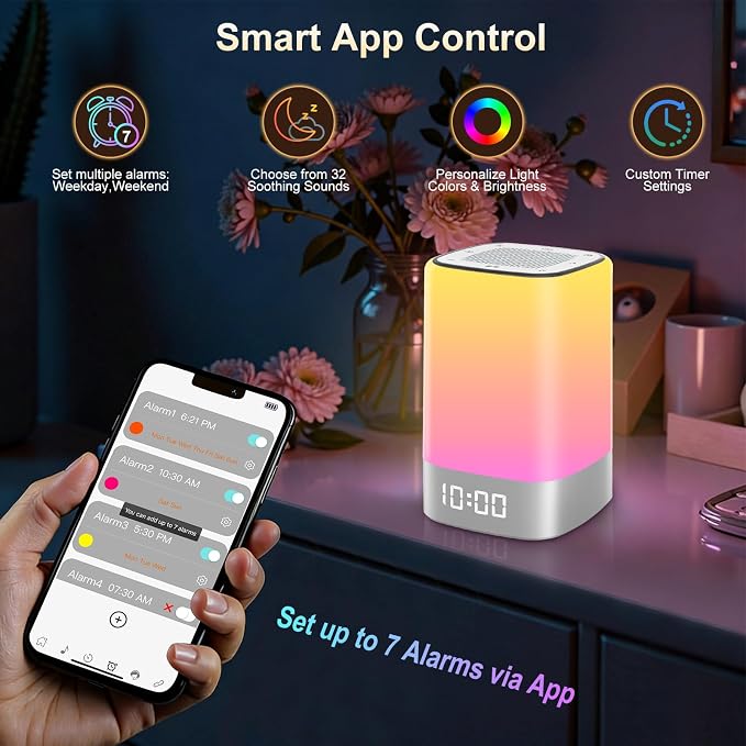 Sound Machine with 32 Soothing Sounds, Alarm Clock, White Noise Machine, Night Light, Bluetooth Speaker, App Control, Timer, Alarm Clock for Bedroom Kids, Birthday Gifts for Women Teen Girls Boys Mom