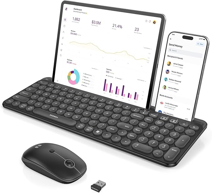 seenda Bluetooth Keyboard and Mouse for iPad, CTU-301 Wireless Multi-Device Connection Bluetooth+2.4G Keyboard Mouse Combo with Tablet Holder for iPad/MacBook/Windows, iOS/Android/Phone, Black