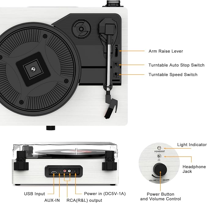Vinyl Record Player with Built-in Speakers and USB,Belt-Driven Bluetooth Turntable with 3 Speed AUX Input Headphone Jack and RCA Output Vintage Wooden White