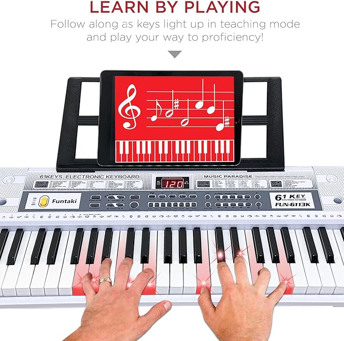 61 Key Electronic Keyboard Piano with Lighted Up Keys, Musical Mini Keyboard Piano with keyboard stand, Digital Portable Synthesizer Keyboards for Beginners Kids Adults (white)