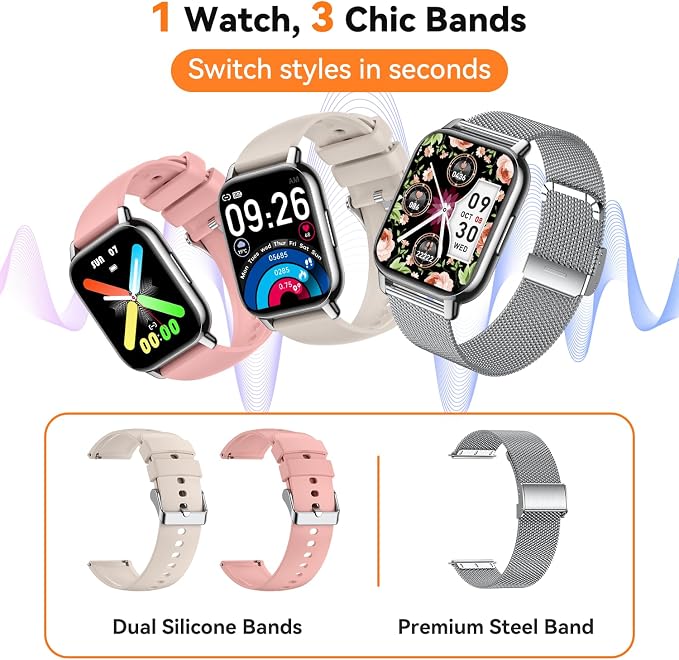 Smart Watch for Women (3 Bands), 1.85'' HD Fitness Tracker with Bluetooth Calls, IPX8 Waterproof Smartwatch for Android iPhone, 112+ Sport Modes, Heart Rate & Sleep Monitor, Silver