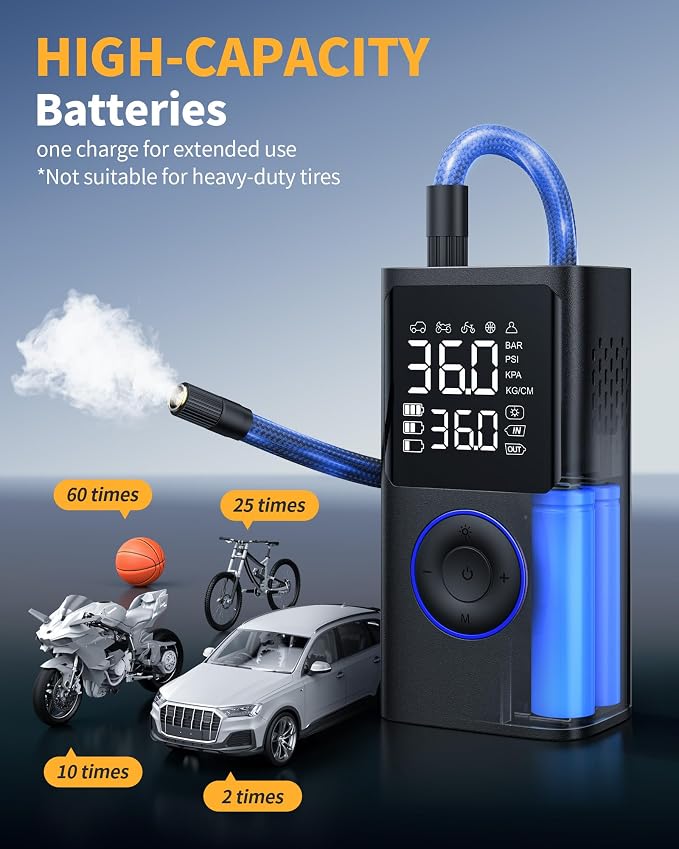 Powools Tire Inflator Portable Air Compressor, 150 PSI Cordless Bike Pump, Air Pump for Auto, Motorcycle, Bicycle, Balls with Pressure Gauge, LED Light & Car Accessories, Blue, Standard Capacity