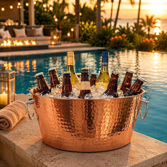 BREKX Insulated Rose Copper Double Walled Ice Bucket for Parties, Anchored Wine Bucket/Large Ice Bucket with Handles, Drink Cooler for Parties, 12 Quarts (3 Gallon)