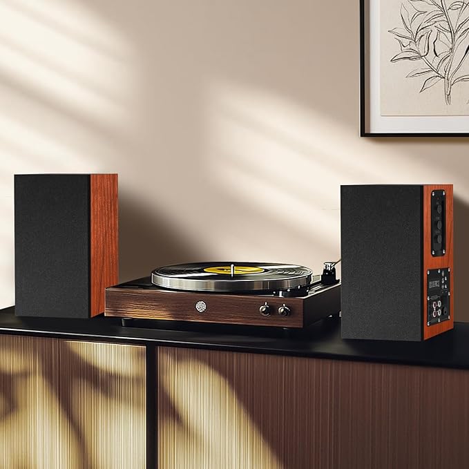 Elimavi Powered Bookshelf Speakers, 30W X 2 Turntable Speakers with 4 Inch Woofer, Record Player Speakers with AUX Input for PC and TVs,Wood Grain Color for Wall Mounting