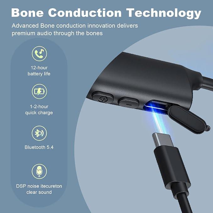 New Bone Conduction Headphones, Open Ear Bluetooth Headphones with Mic, Balanced Audio, Reduced Sound Leakage, 12H Playtime, Skin-Friendly Silicone, Sweat Resistant for Running, Cycling & Workout