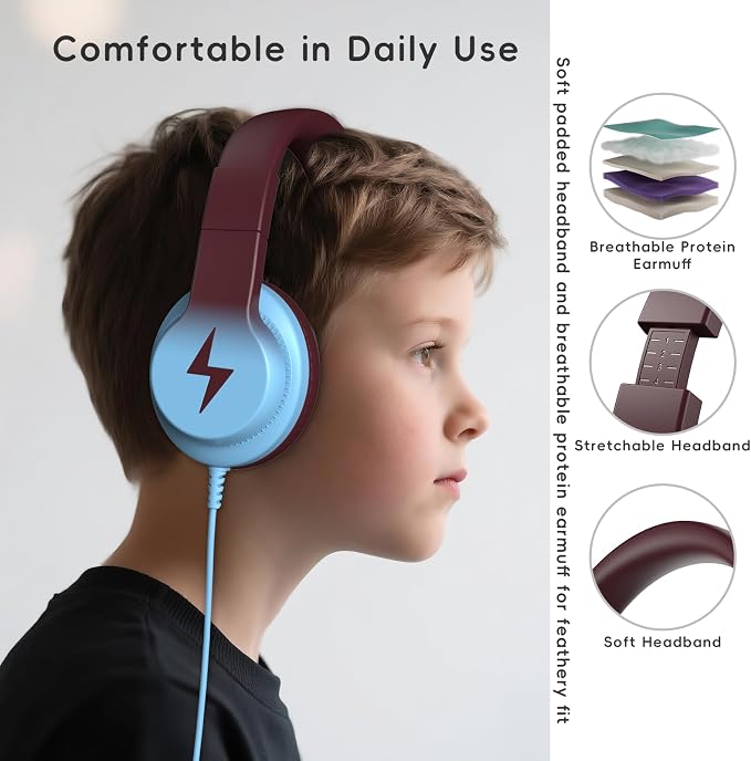Candy Bila Kids Headphones, Wired Headphones for Kids Over Ear with Microphone, 85/94dB Volume Headphone for Girls Boys, Foldable Headphone for Learning & Entertainment, Gradient Caramel Blue