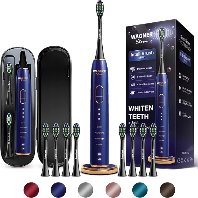 Wagner Stern IntelliBrush Series Whitening Electric Toothbrush with Pressure Sensor. Offers 4 Brushing Modes, 3 intensities, 8 Soft Brush Heads, and a Luxury Travel case.
