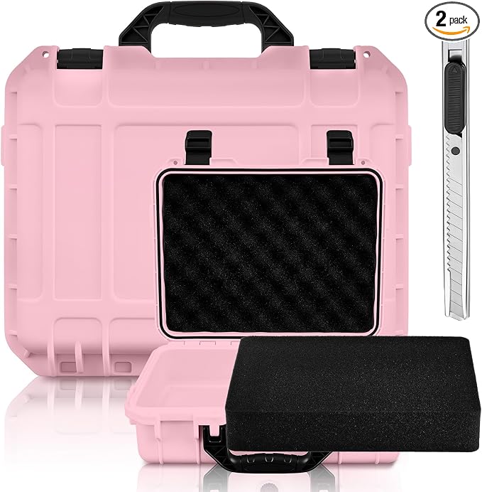 Relaxweex 1 Pcs Waterproof Hard Case with DIY Customizable Foam Insert Portable Protective Case with Knife for Camera Drones Equipments Tools Test Instruments(Pink,8.5 x 6.5 x 3.7 Inch)