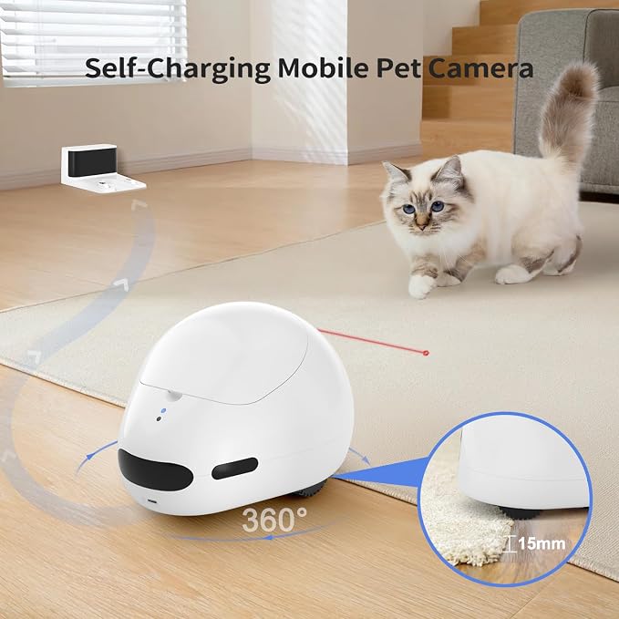 Cat Camera Robot with Laser & Treat Dispenser, Moving Pet Camera Robot for Dogs and Cats, Phone App Control, Auto Recharging, Night Vision, Two-Way Audio, Interactive LED Cat Toy, 2.4G WiFi